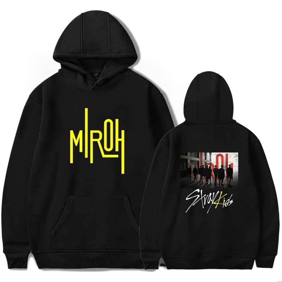 MROH black hoodie with Kpop band graphic print and Skory Kids design, casual streetwear style for Kpop fans.