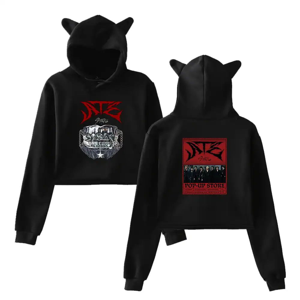 Dark hoodie with K-pop band graphic and "DANCE" logo, featuring cute cat ears on the bunny hoodie.