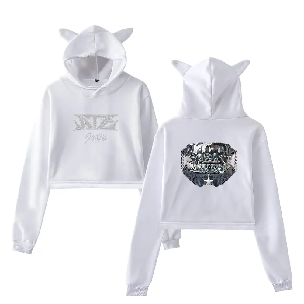 Detailed white kpop hoodie with cat ears and graphic designs on the back and front.