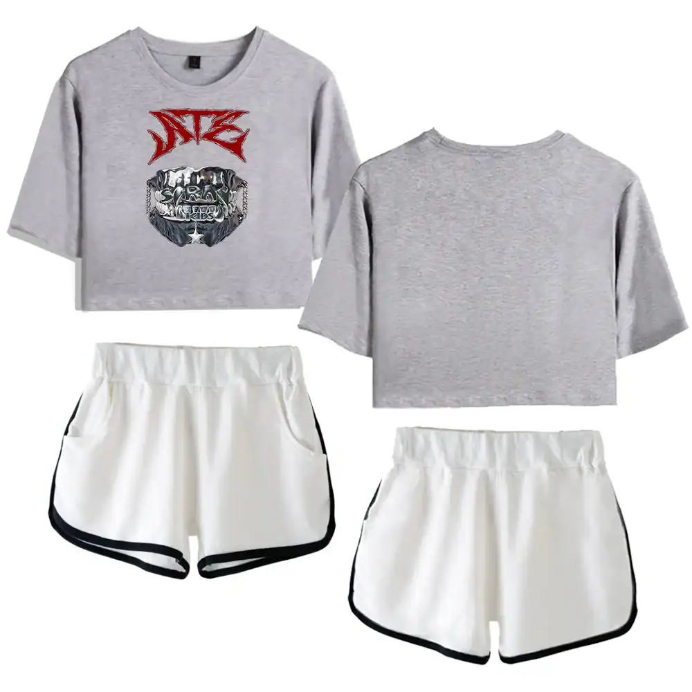 Bold and colorful K-pop merchandise, including trendy grey cropped T-shirts and white shorts with black accents, perfect for fans of Korean pop culture.