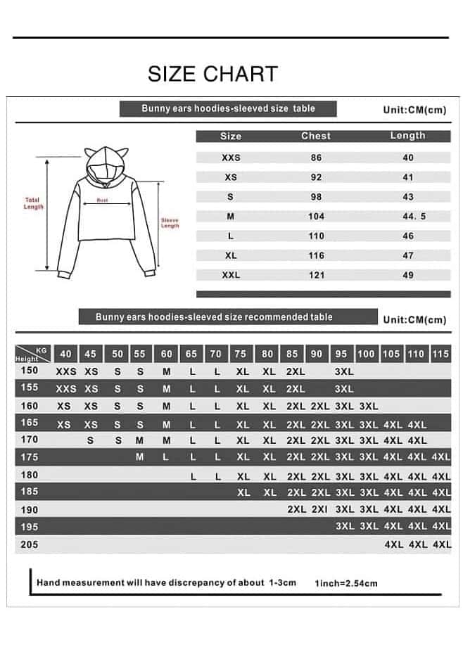 Bunny ears hoodie sweatshirt with cartoon animal ears and size chart for girls and women, perfect for Kpop fans and merchandise collectors.