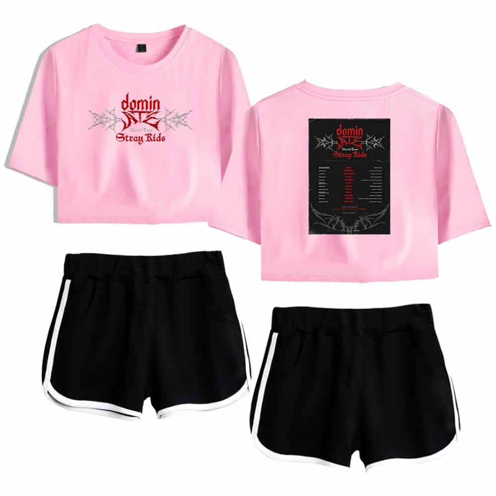 Pink cropped t-shirt with "Dominator Stray Kids" graphic design.