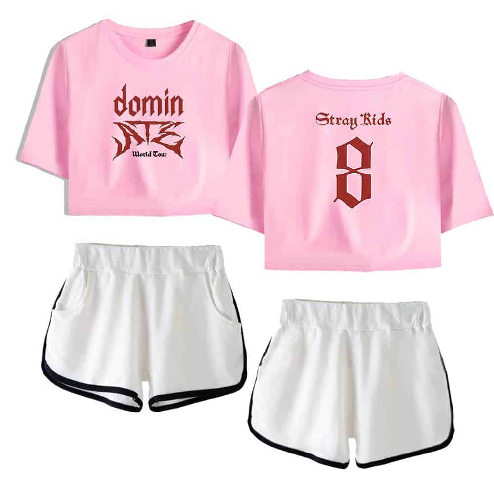 Doin world tour pink crop top and white shorts.