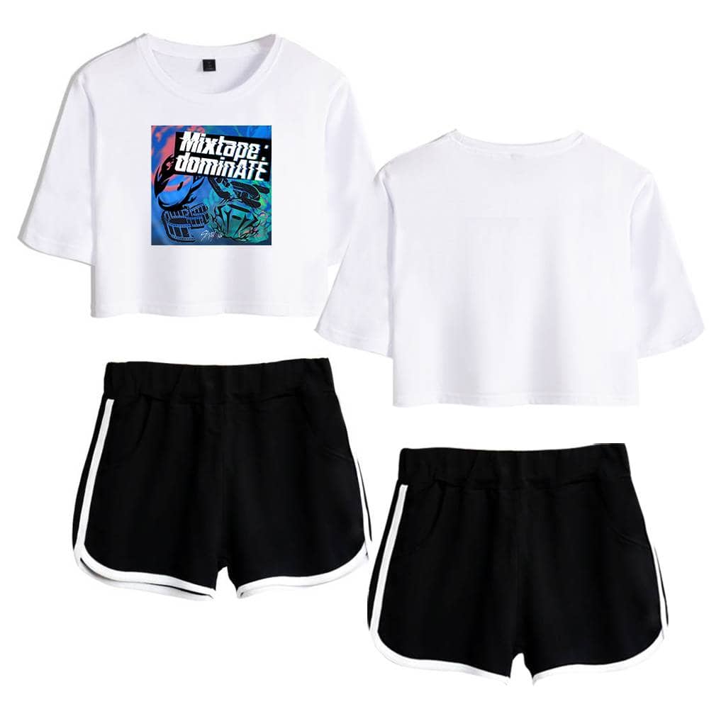 Cool white crop top with graphic print and black athletic shorts with white trim, perfect for casual K-pop fan style.