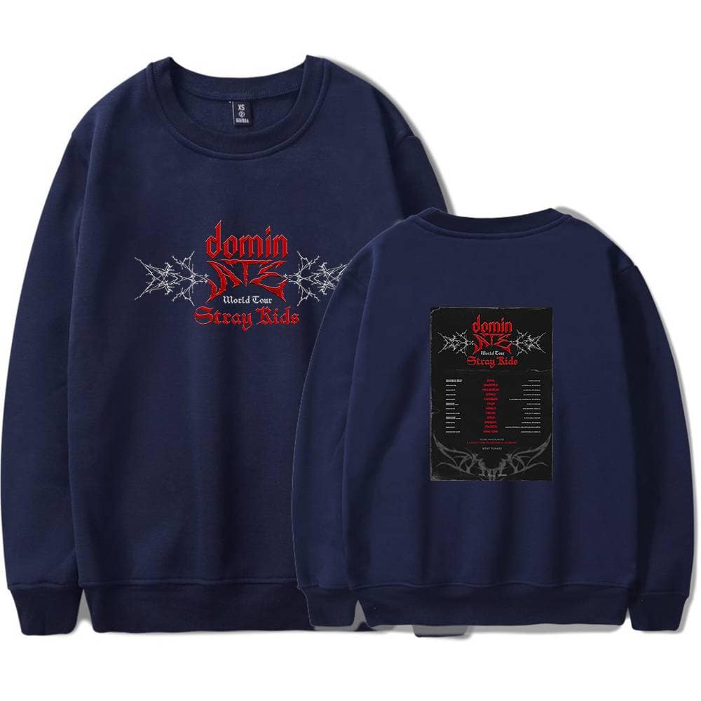 Dark blue K-pop sweatshirt with graphic design and tour details for Stray Kids.