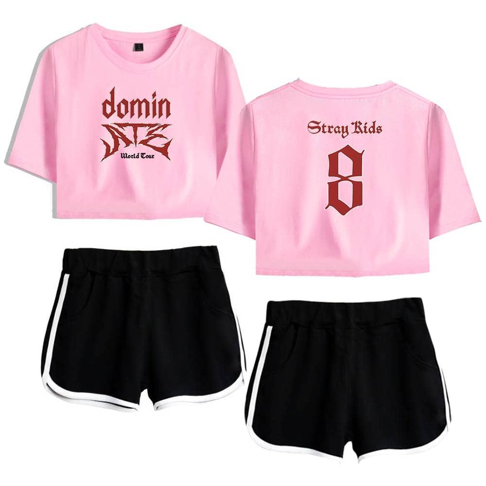 Pink cropped t-shirt with "DOMIN" and "Stray Kids" text and graphic design.