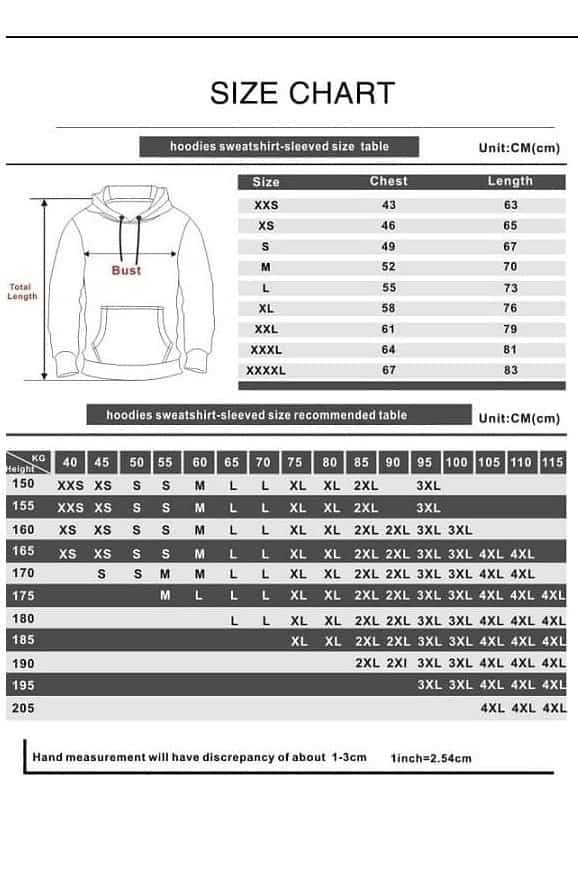 Hoodie sweatshirt size chart for Kpop merch, black and white text showing sizing for various heights and measurements.