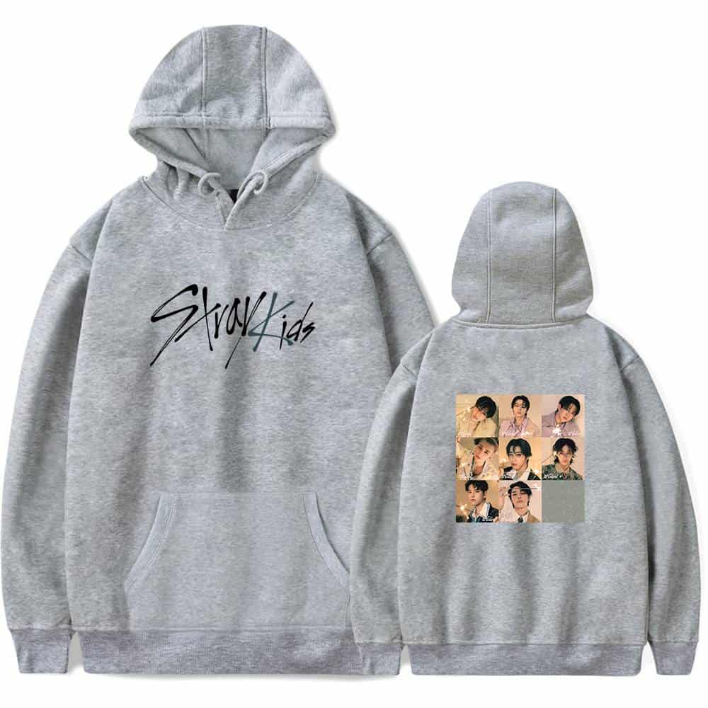 Stylish gray K-pop hoodie featuring group images and "Stray Kids" logo on the front and back.