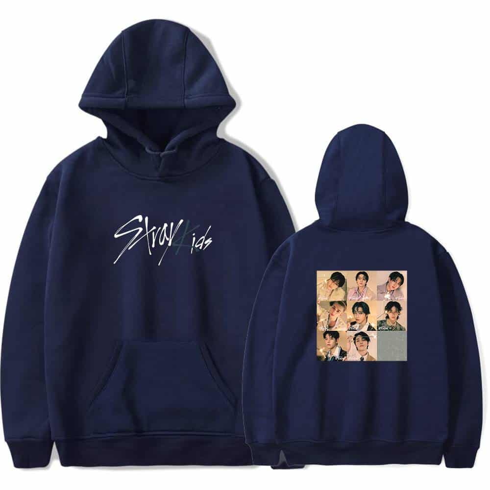 Pink hoodie with stray Kids logo and group photo print on the back.