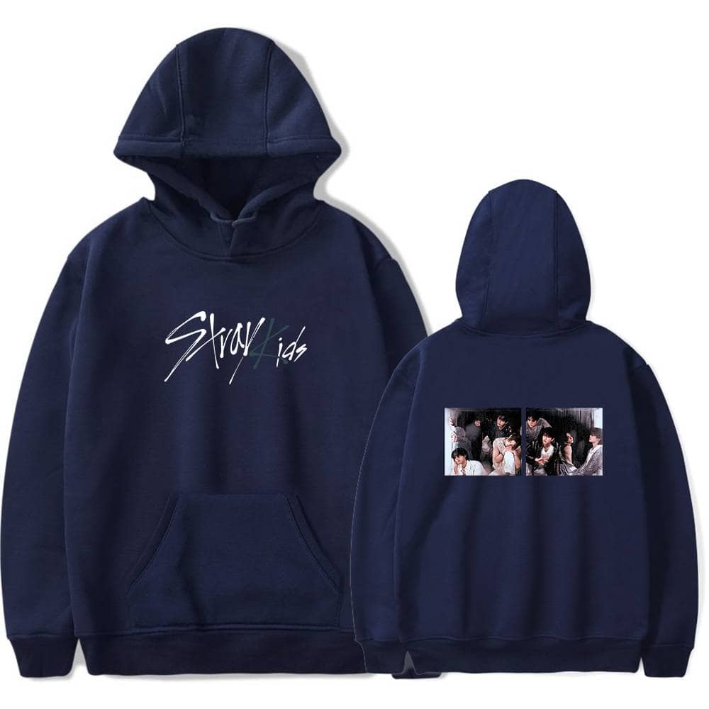 Stylish navy blue K-pop hoodie featuring a group photo on the back and "Stray Kids" logo on the front, perfect for fans and casual wear.