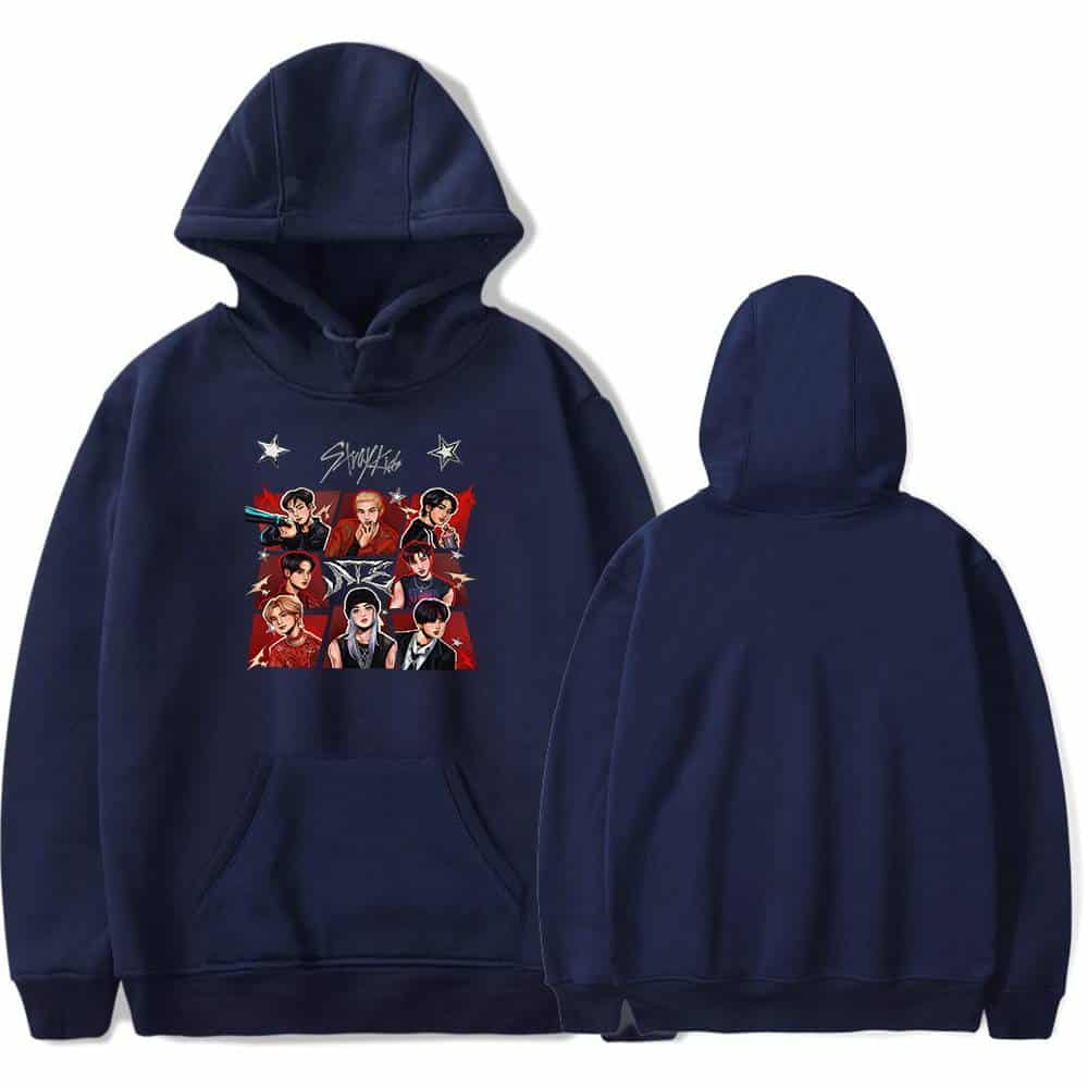 Stylish navy hoodie with K-pop themed graphic art, perfect for fans and casual wear.