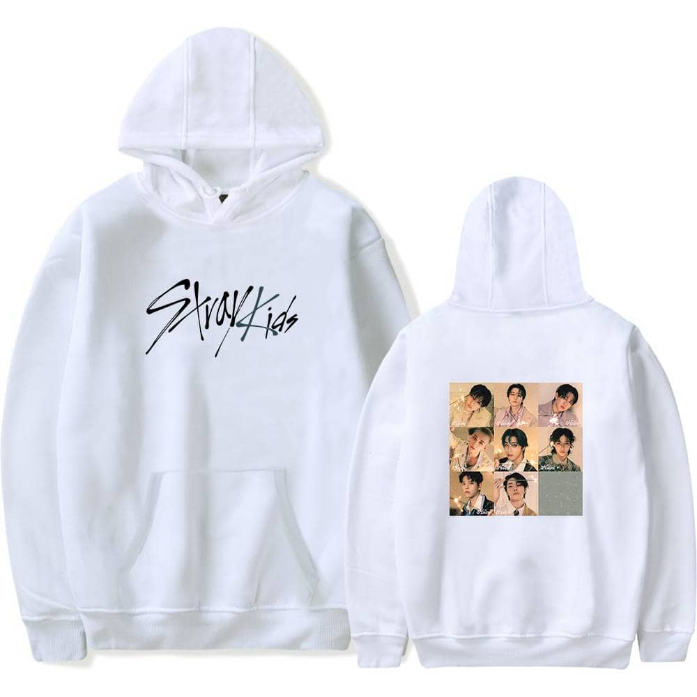 High-quality white hoodie with "Stray Kids" logo on front and a collage of K-pop idols on the back, perfect for K-pop merch fans and stylish streetwear enthusiasts.