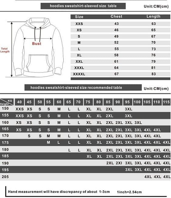 Kpop merch hoodie sweatshirt size chart and measurements.