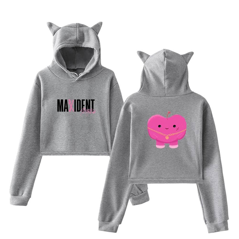 Comfy grey hoodie with cat ears and cute pink cartoon design.