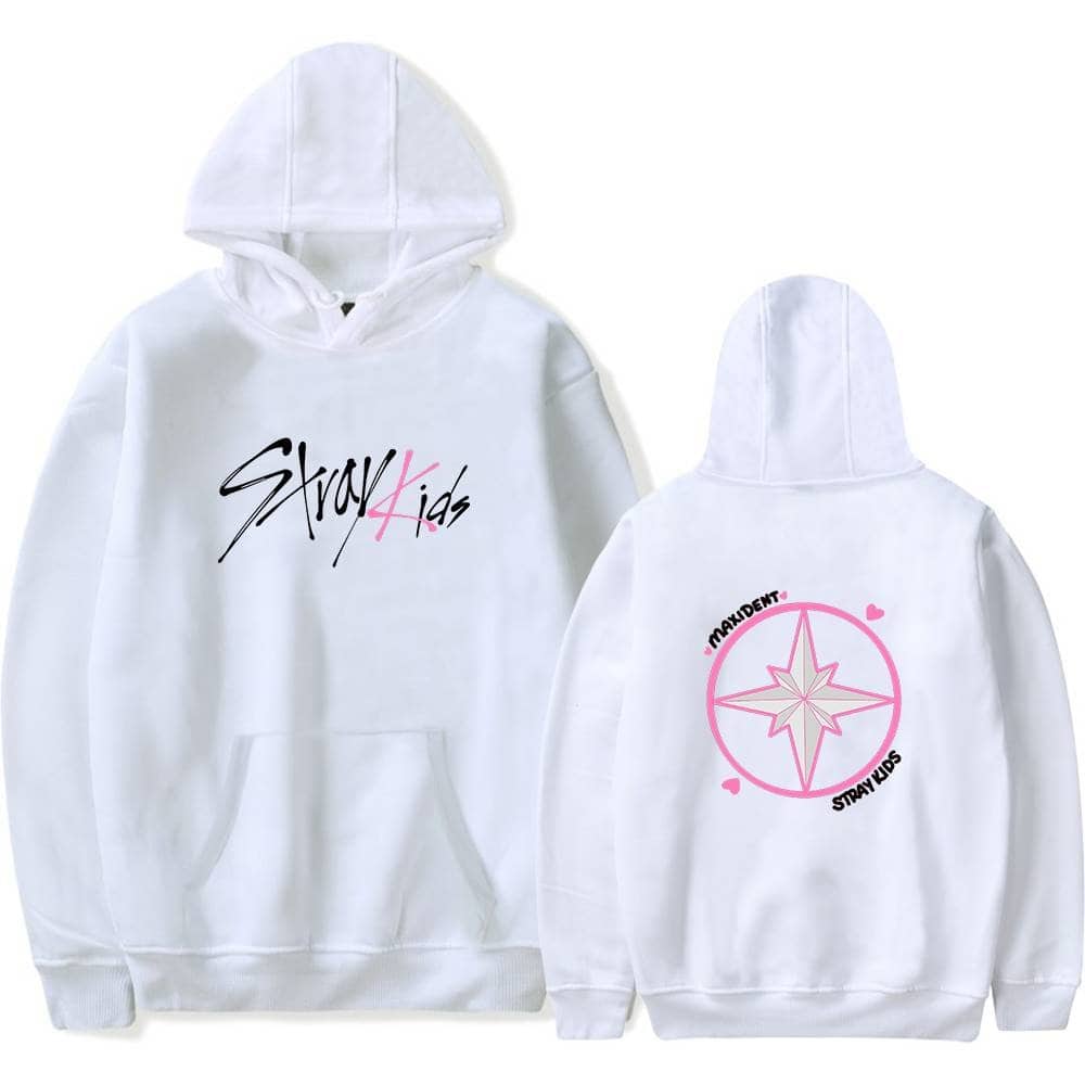 Stay Kids hoodie with pink and black graphic design on the front and back, perfect for K-pop fans and wearable merchandise.