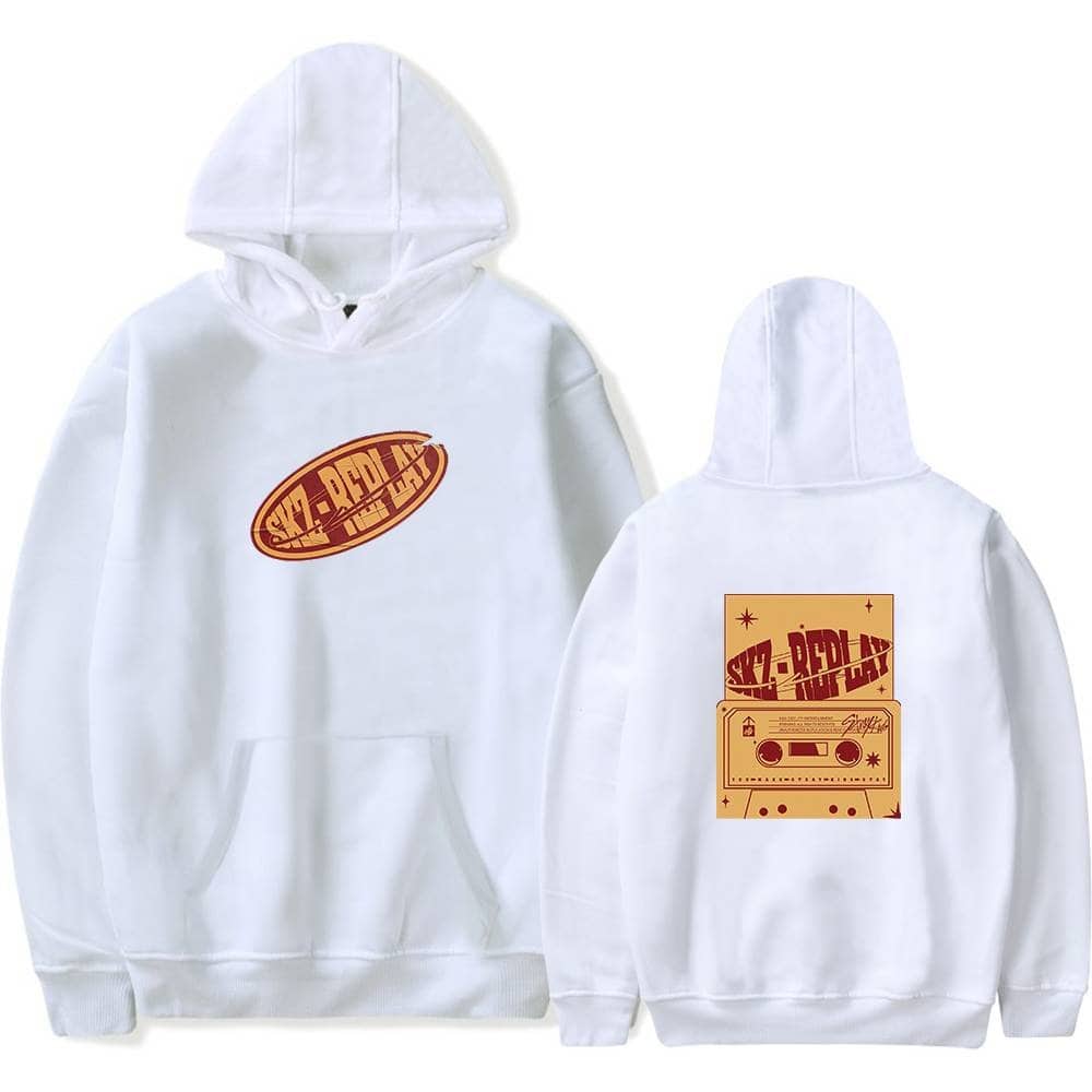 Pixelated image of a white hoodie with kpop merch design on the front and back.