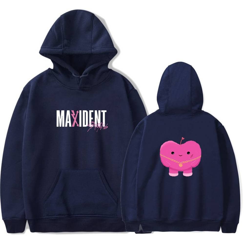 Maxidnt hoodie with pink graphic design and plush character back print.