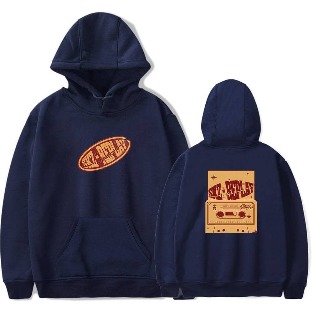 Stylish navy blue hoodie with SKZ-RBLD graphic design, perfect for K-pop fans and merch collection.
