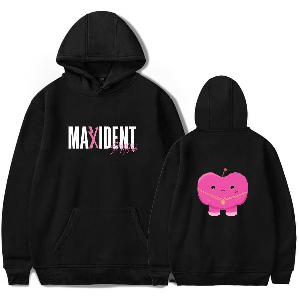 Maxidnt hoodie with pink character graphic and logo.
