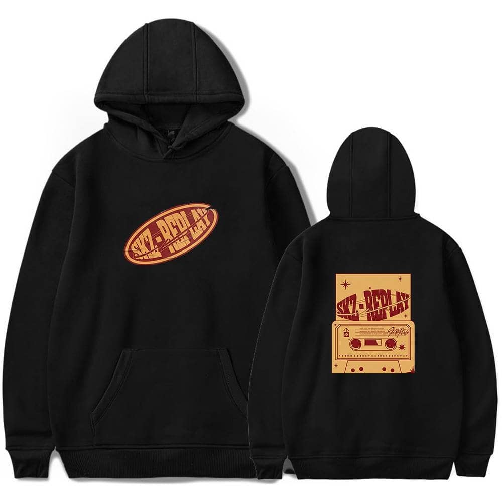 Stylish black hoodie with retro graphic design, perfect for K-pop fans and merch collectors.