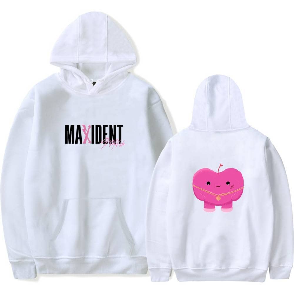 MaxiDent hoodie with pink graphic design and text.