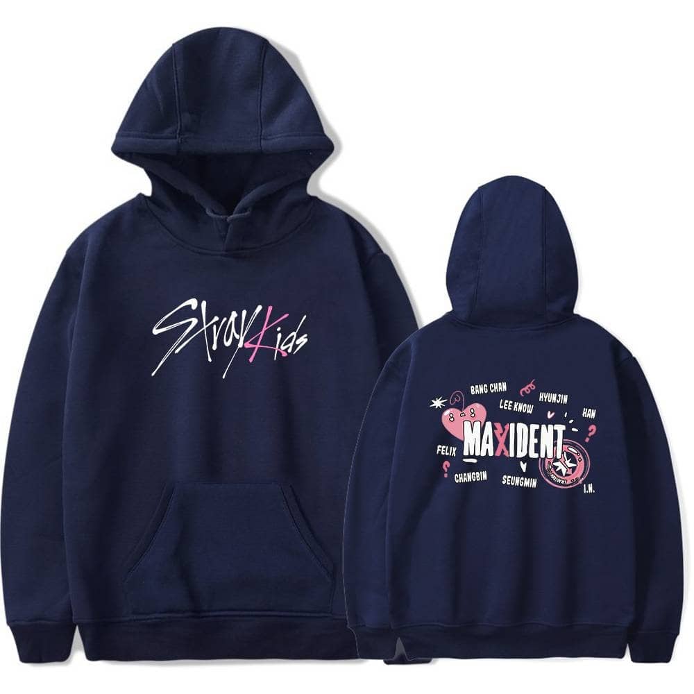 Stylish navy blue Kpop hoodies with Maxident and Stray Kids graphics, perfect for fans and casual wear.