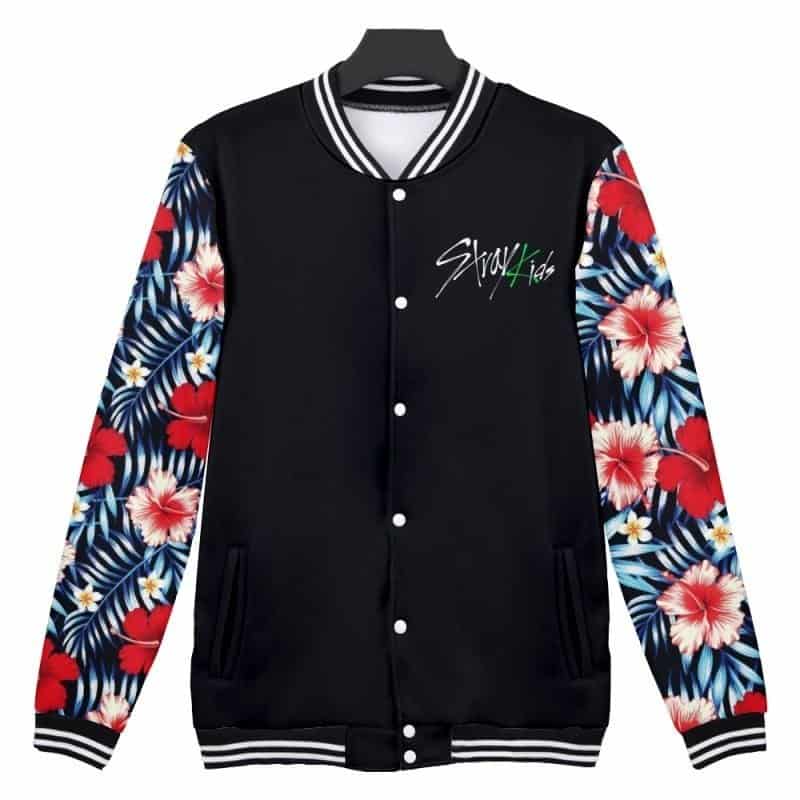 Colorful floral print varsity jacket with "Stray Kids" embroidery, perfect for K-pop fans and merch collectors.