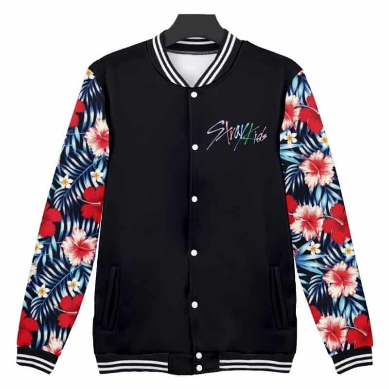 Black varsity jacket with colorful floral sleeves and " stray kids" embroidery.