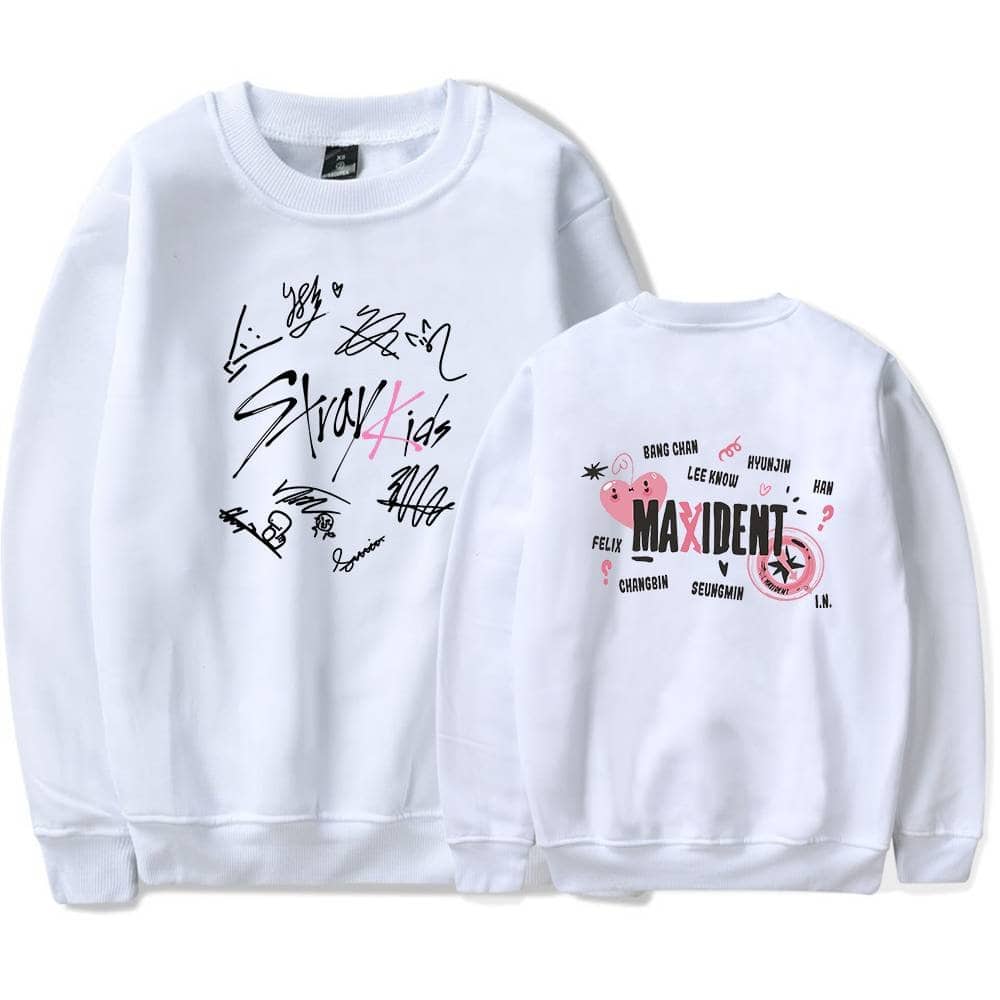 Autographed white sweatshirts with BTS and Maxiden K-pop logos and signatures, perfect for K-pop fans.