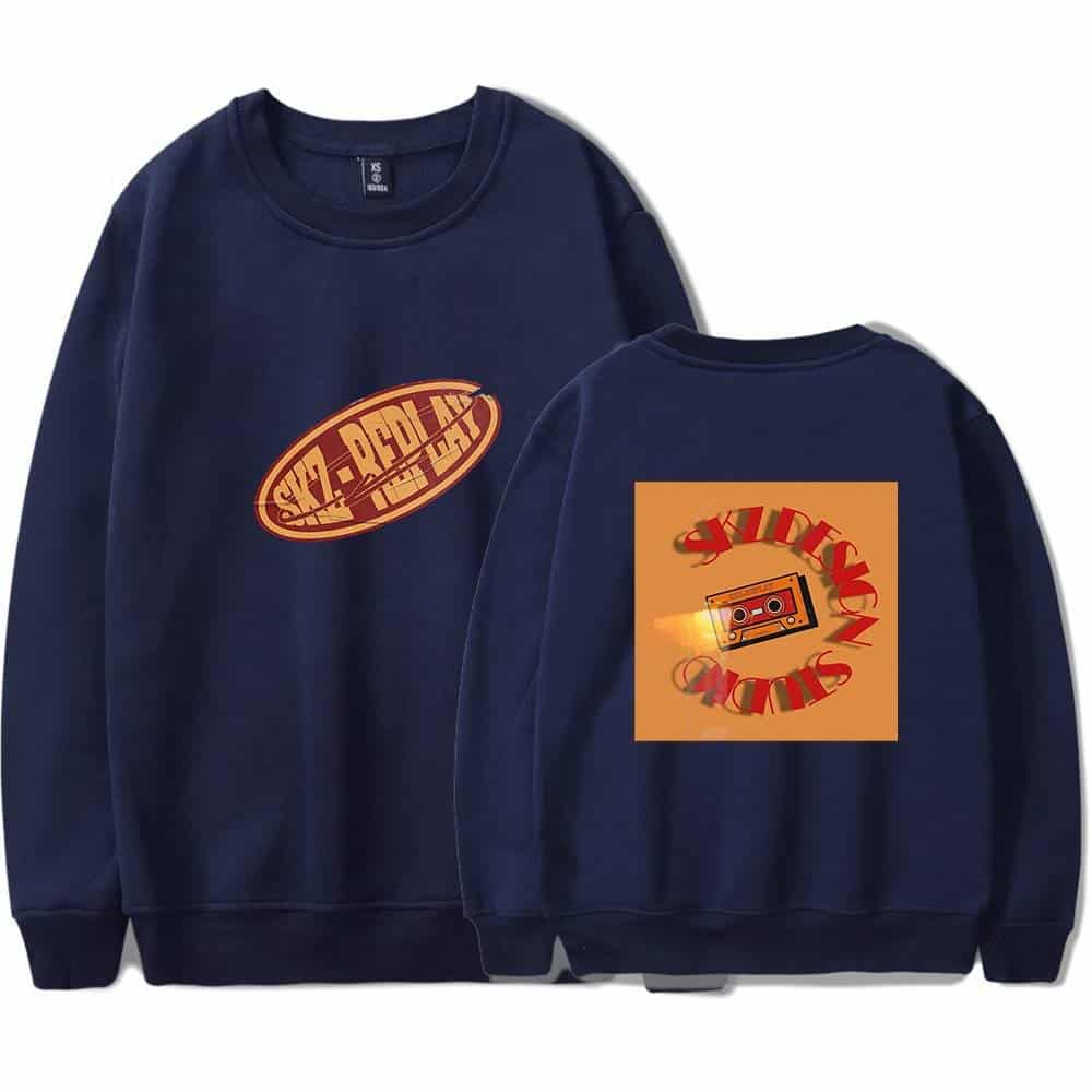 High-quality navy blue K-pop merch sweatshirt with retro designs and vibrant prints, perfect for fans and collectors.