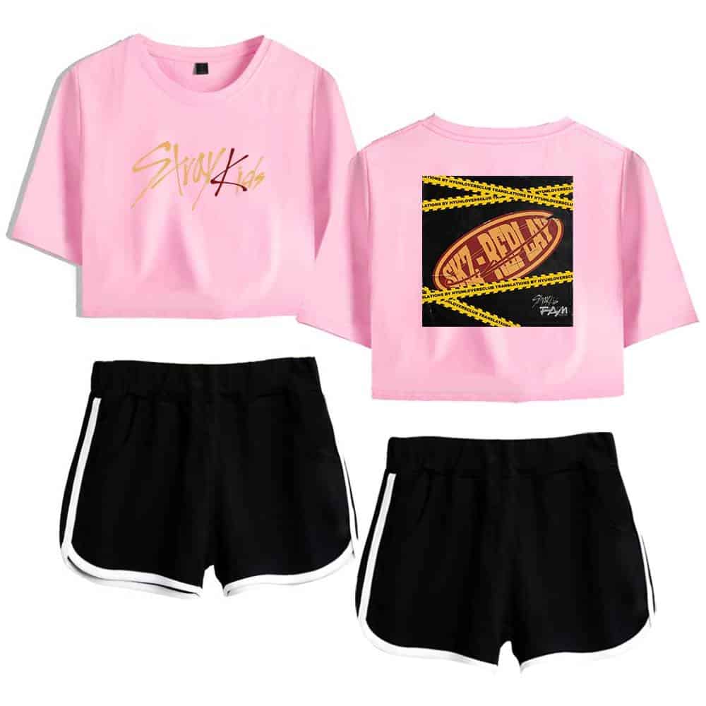 Pink cropped T-shirt with "Stray Kids" logo in yellow and red.