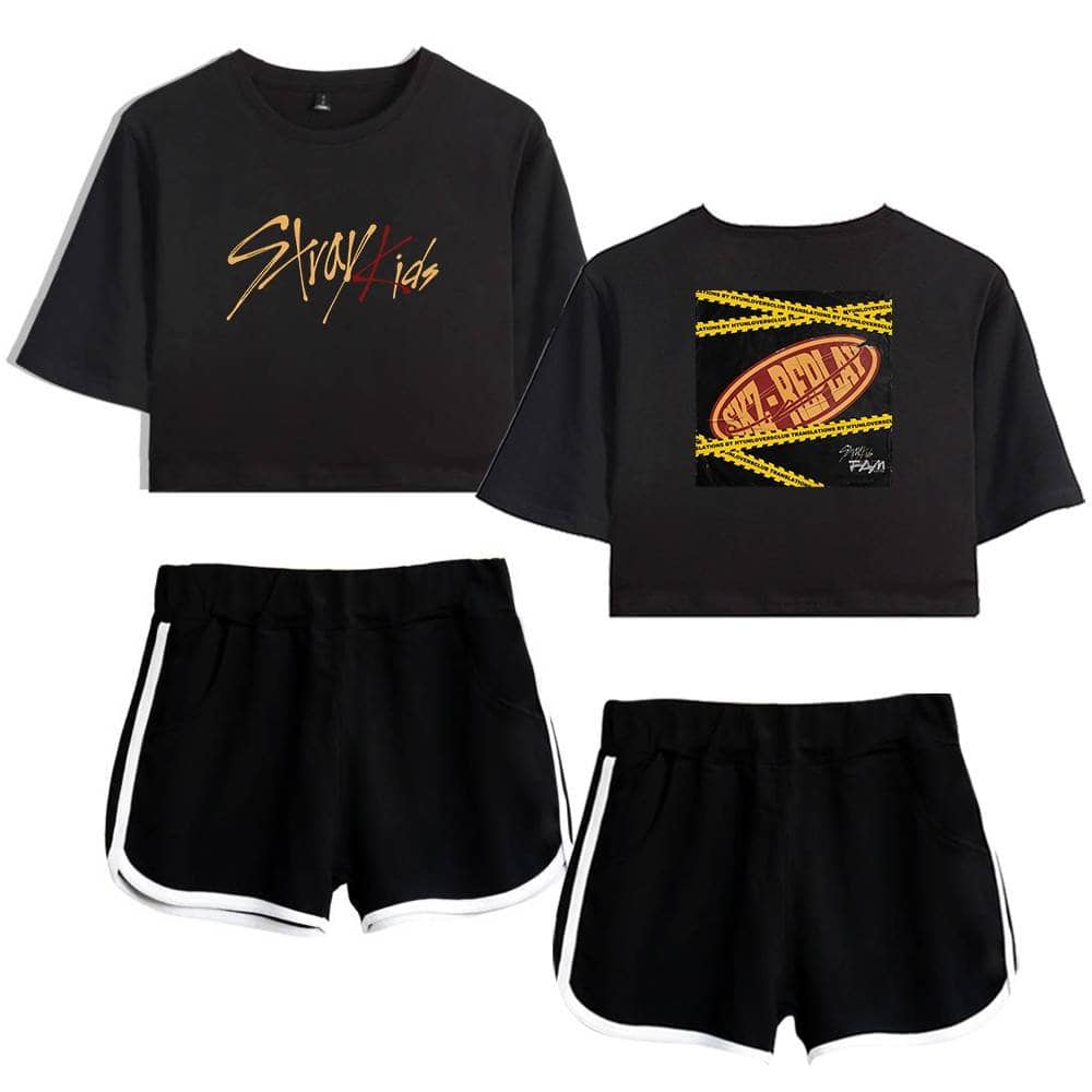Stylish black crop top and shorts set with bold graphic designs, perfect for K-pop fans and fashion enthusiasts.