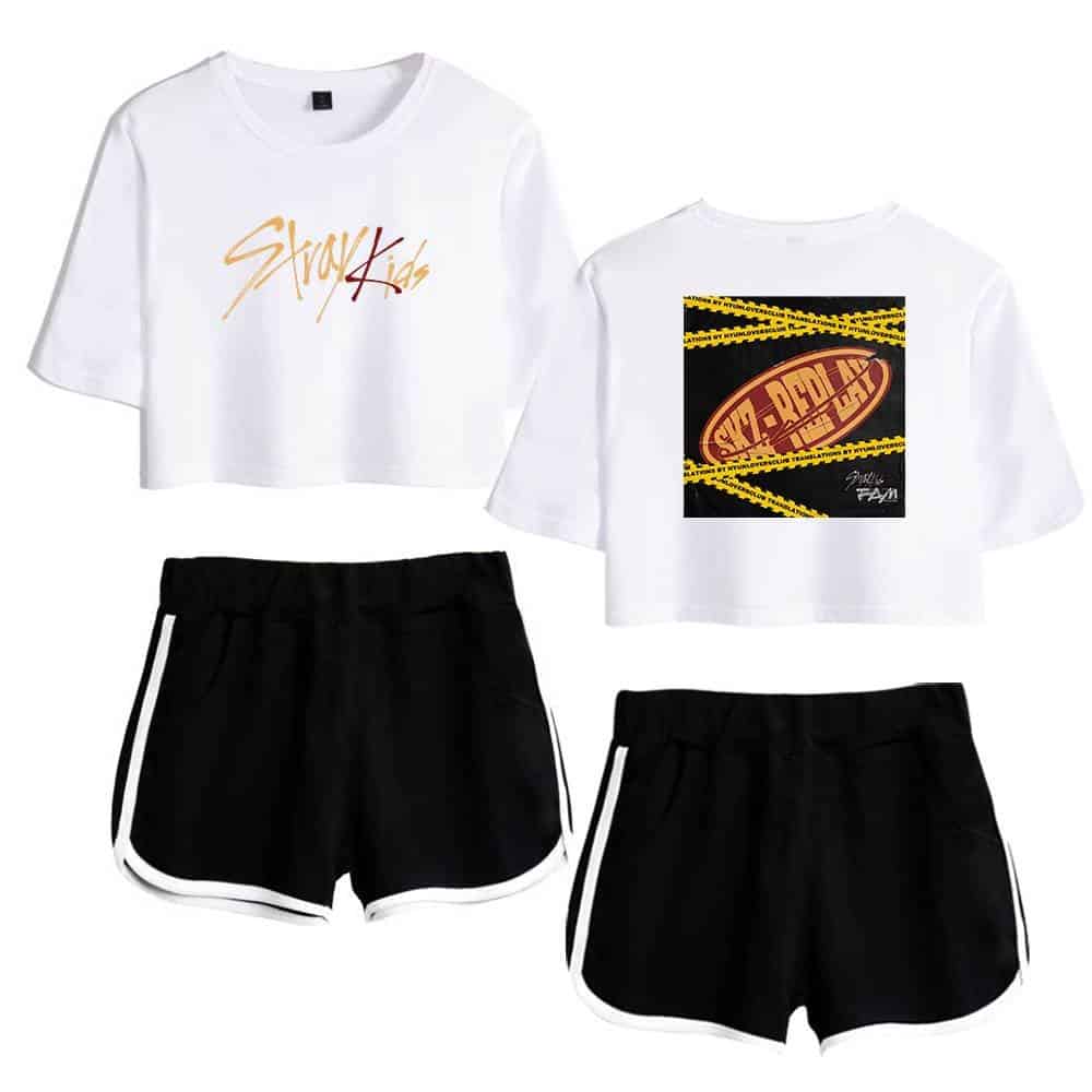 Colorful K-pop merchandise featuring graphic crop tops and shorts with trendy designs.