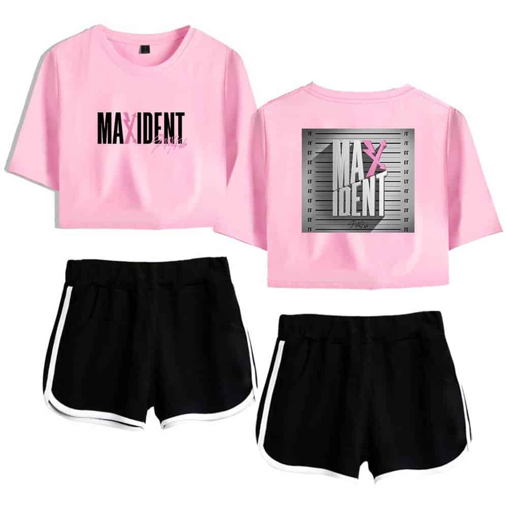 Pink MA X IDENT crop top with black and white shorts set for K-pop fans.