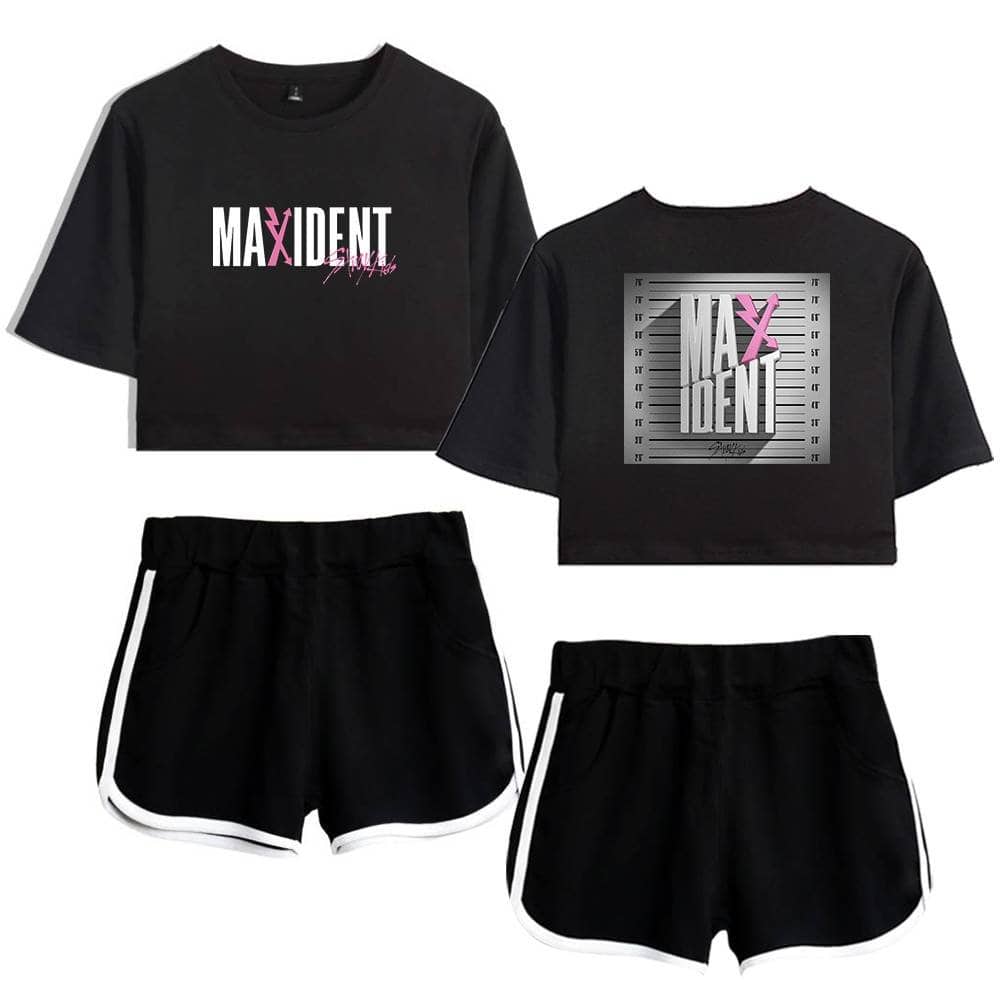Maxidnt band t-shirt and shorts set, black casual Kpop merchandise with pink and white graphic print.