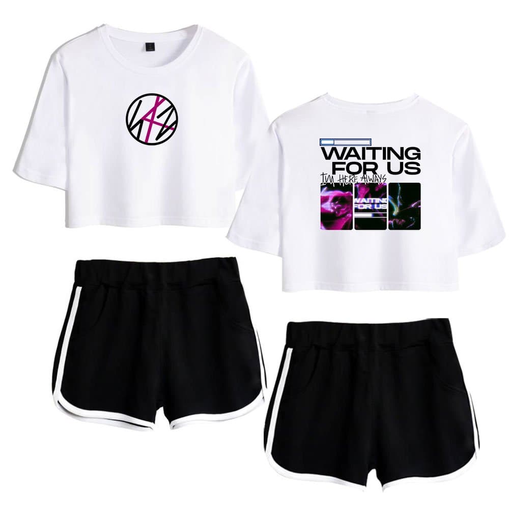 Kpop merch set with graphic t-shirts and shorts featuring bold designs and vibrant prints.