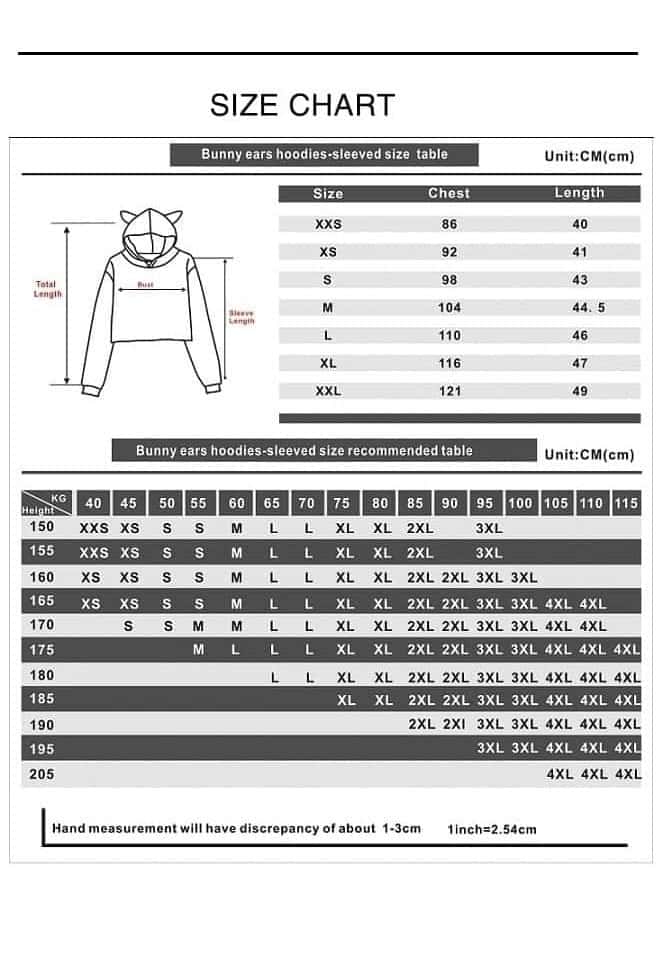 Bunny ears hoodie sweatshirt size chart for fans of K-pop merchandise.