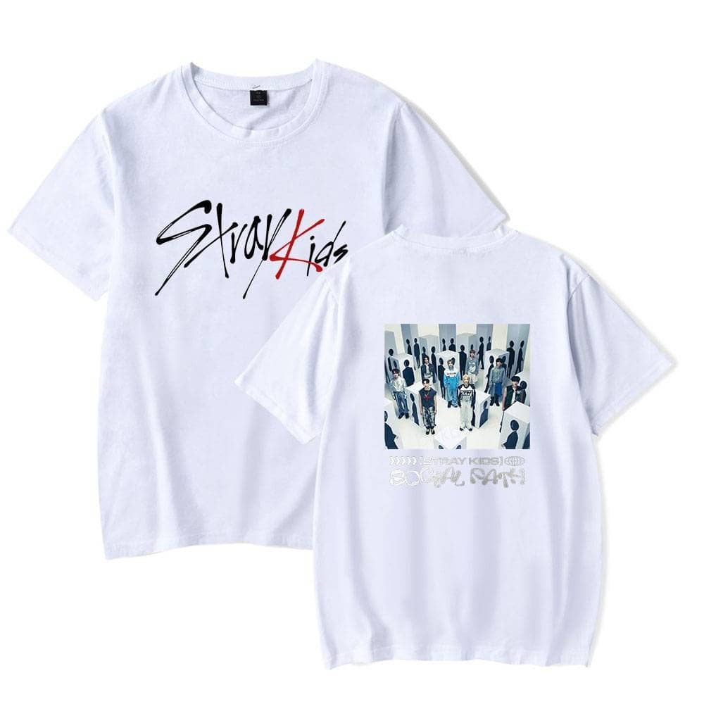 STAY KIDS graphic T-shirt with band logo and merchandise design, perfect K-pop merch for fans of Stray Kids.