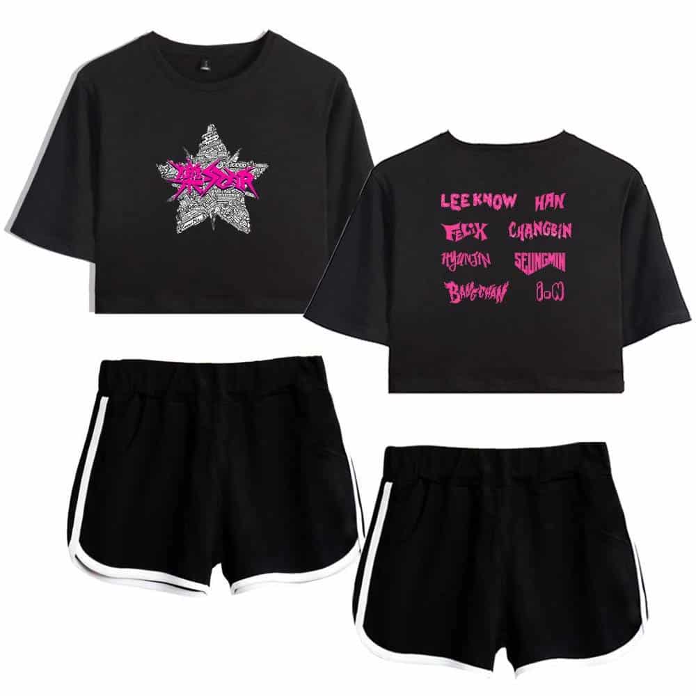 Vaporwave-inspired black crop top with pink graphics and abstract text for K-pop merchandise.