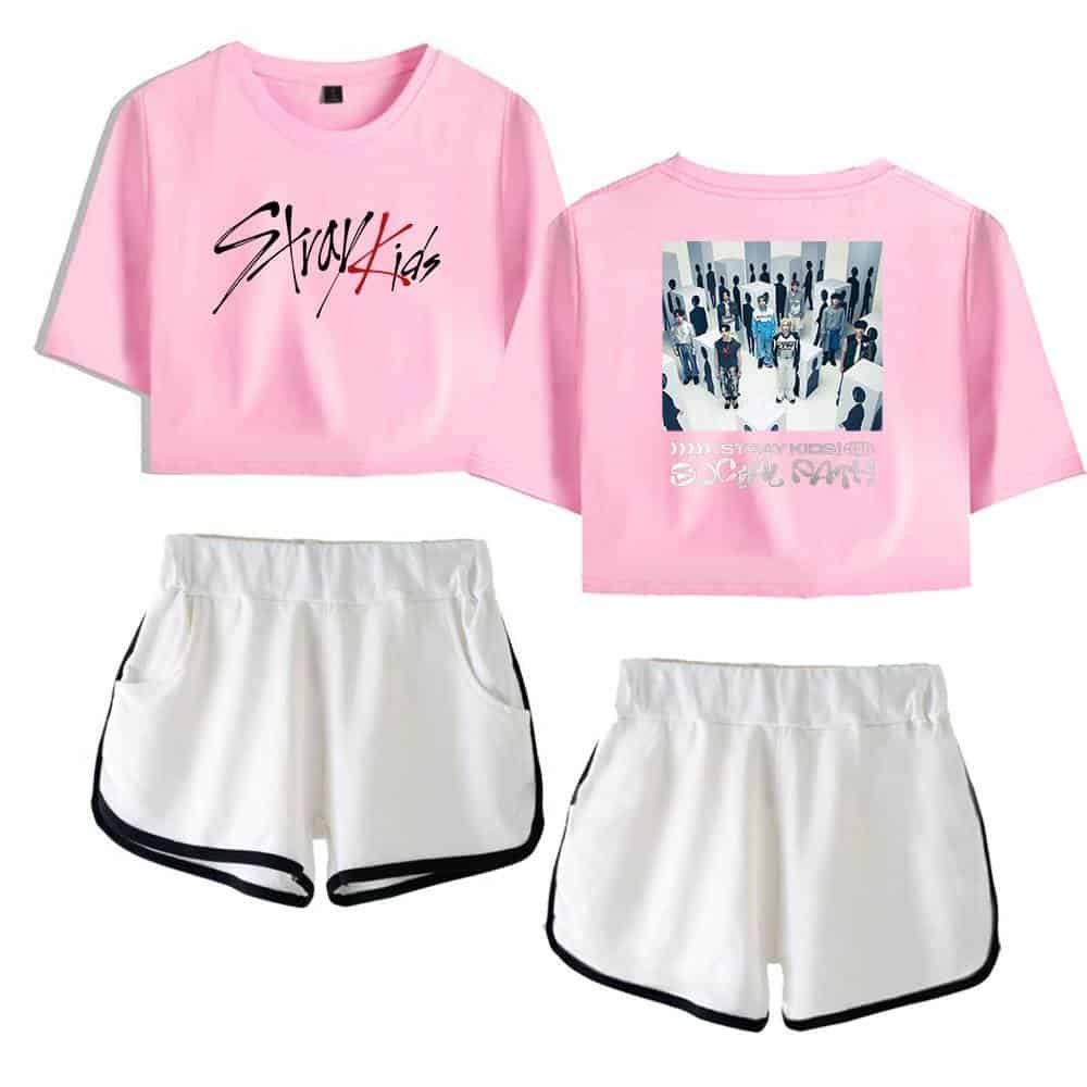 Pink Kpop group STAY/Stray Kids T-shirt and shorts set, perfect for fans and concerts.