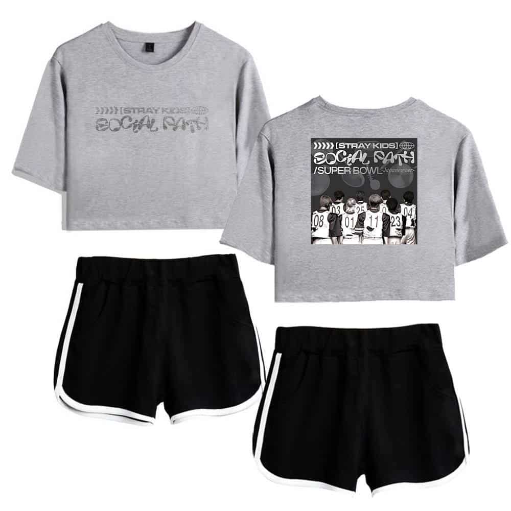 Bright grey cropped sweatshirt with "Social Day" print and black athletic shorts with white trim, perfect for K-pop fans and casual wear.