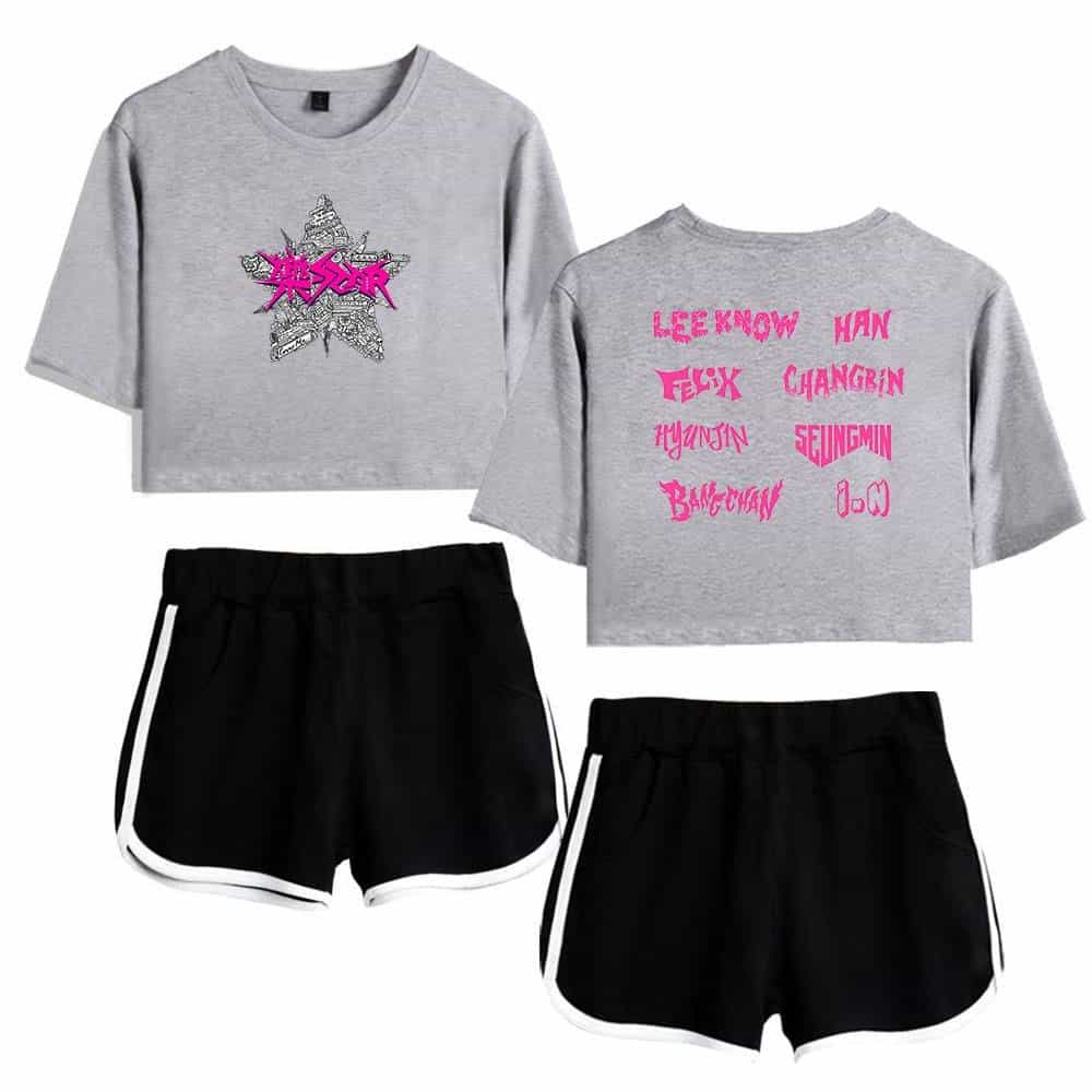 Bold Style Kpop merch graphic crop tops with matching shorts for a trendy look.