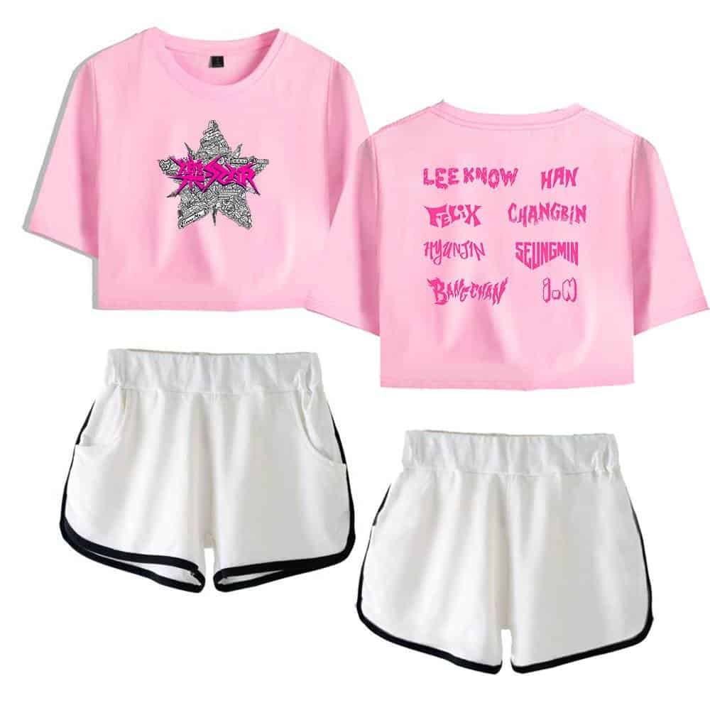 Kpop merch t-shirt and shorts set featuring K-pop group member names and graphics.