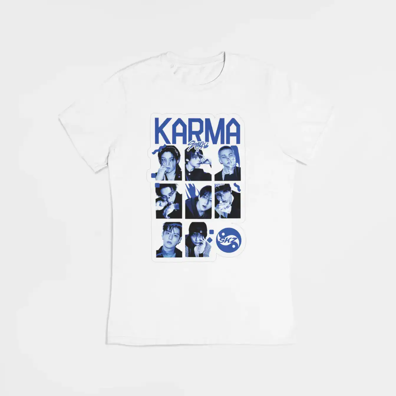 Kpop merch colorful boys graphic tee with images of K-pop idols and logo design.
