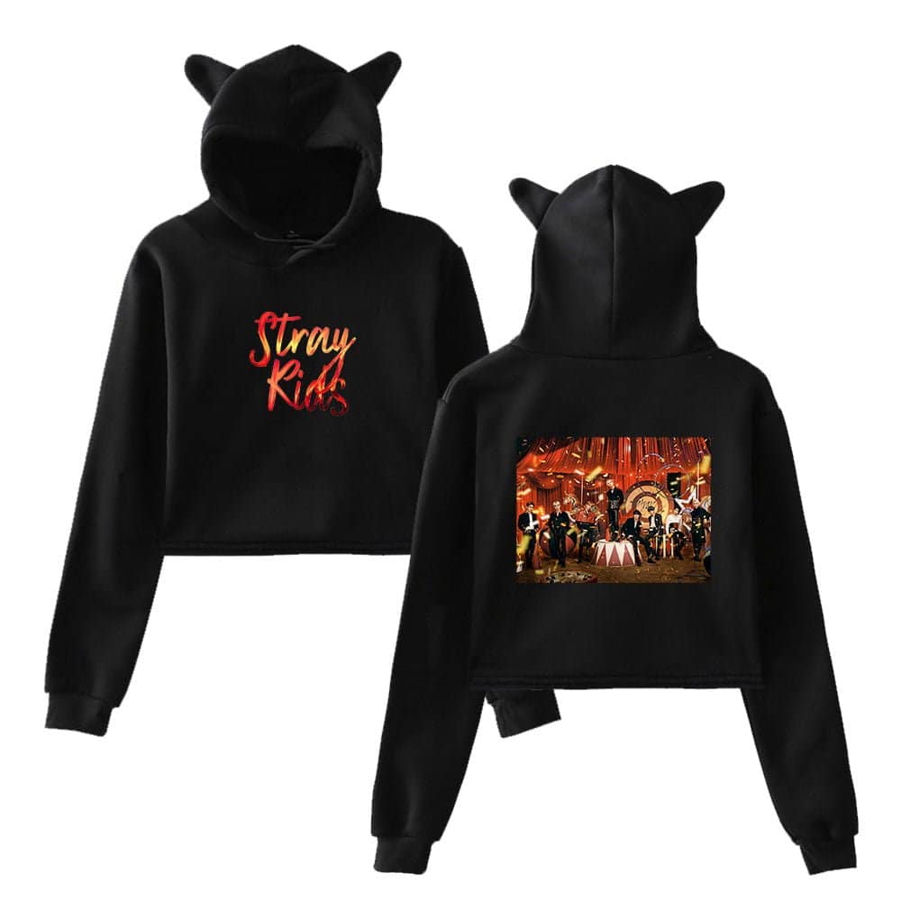 Kpop merch hoodie with "Stray Kids" text and band graphic print.