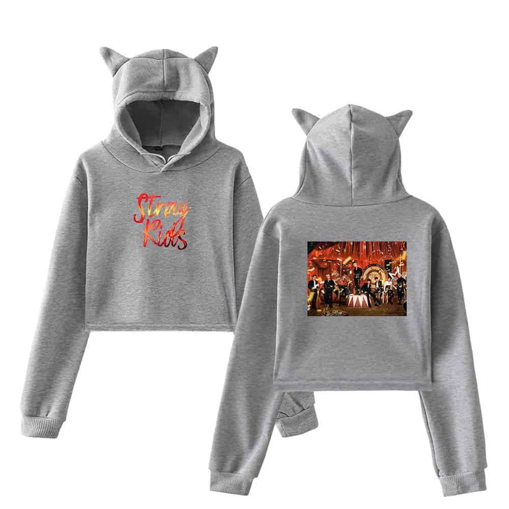 Cute grey hoodie and sweatpants set with cat ears, "Steady Kids" text on front, and a group photo on back, perfect for Kpop fans.