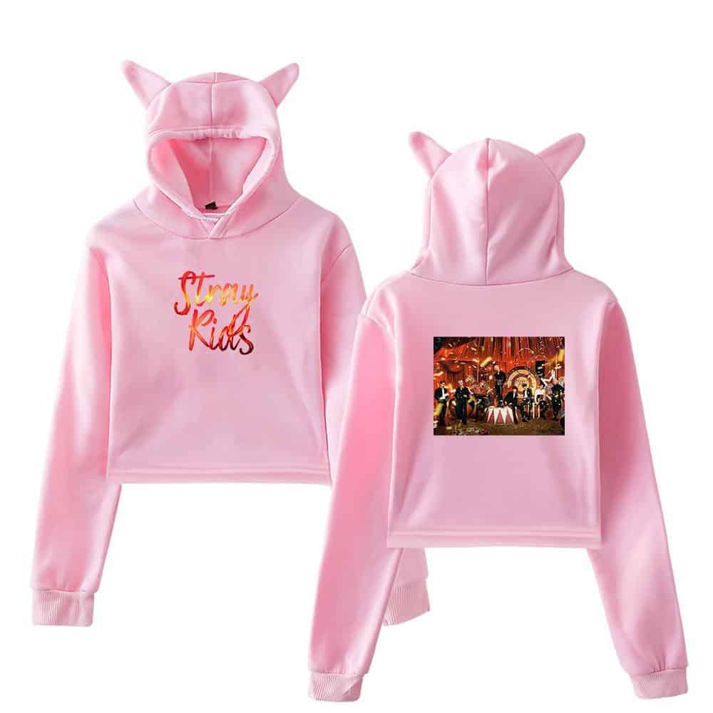 K-pop merchandise hoodie with cat ears and "Stray Kids" logo, front and back views.