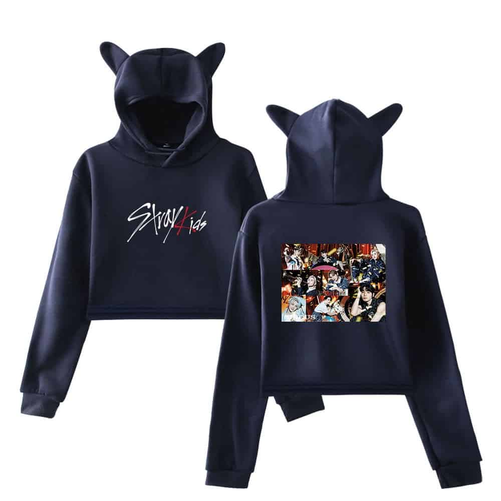Cute black hooded sweatshirt with cat ears, featuring "Show Kids" logo on the front and colorful graphic on the back, perfect for K-pop fans.