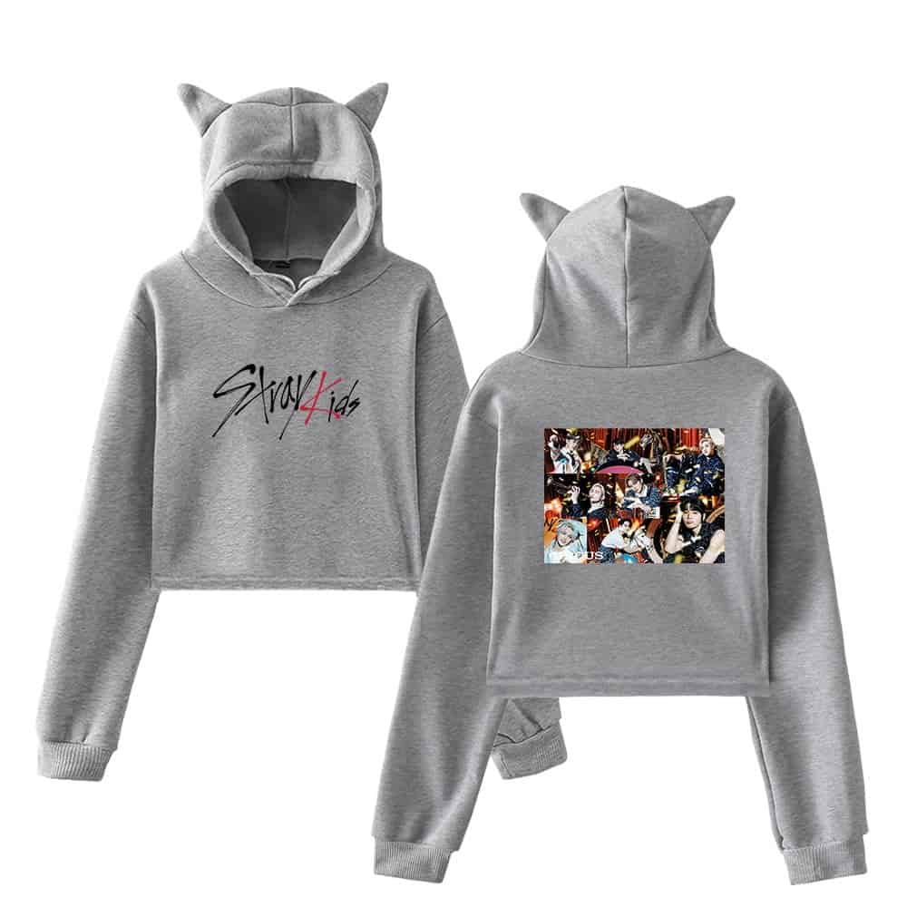 Stylish gray hoodie and sweatpants set inspired by K-pop girl groups with cute animal ears on the hood.