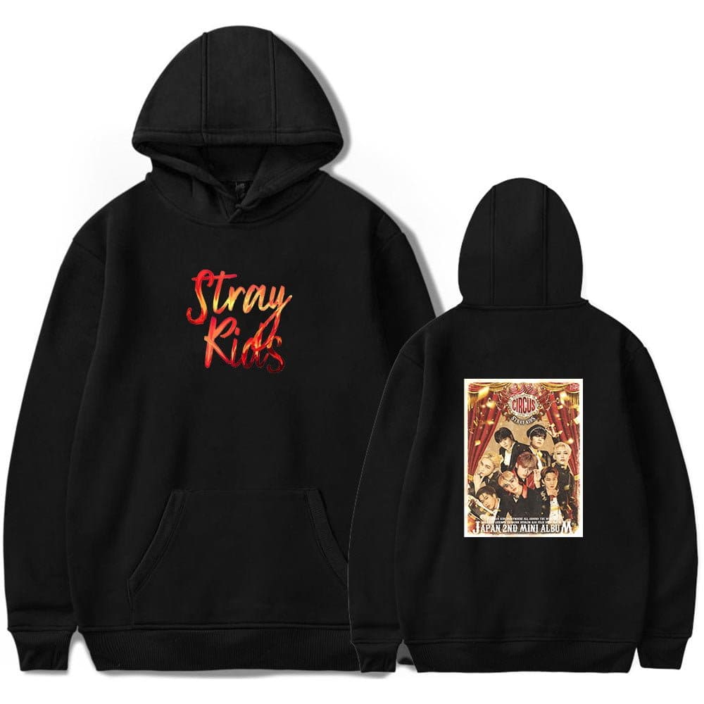 Stray kids hoodie with concert graphic print and logo for Kpop merch collection.